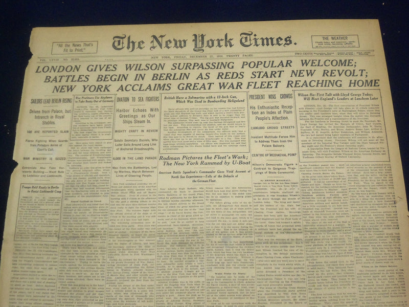 1918 DECEMBER 27 NEW YORK TIMES - LONDON GIVES WILSON POPULAR WELCOME - NT 9174