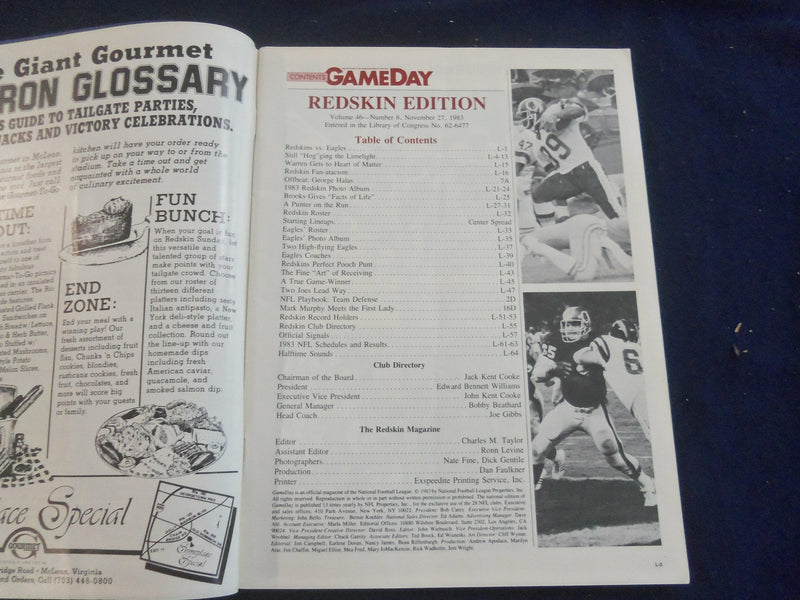 1983 NOV 27 GAMEDAY MAGAZINE- PHILADELPHIA EAGLES VS WASHINGTON REDSKINS- F 250D