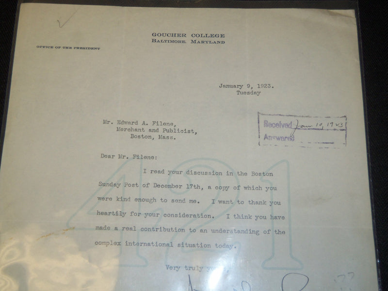 1923 WILLIAM GUTH GOUCHER COLLEGE TYPED SIGNED LETTER - EDWARD FILENE - J 5358