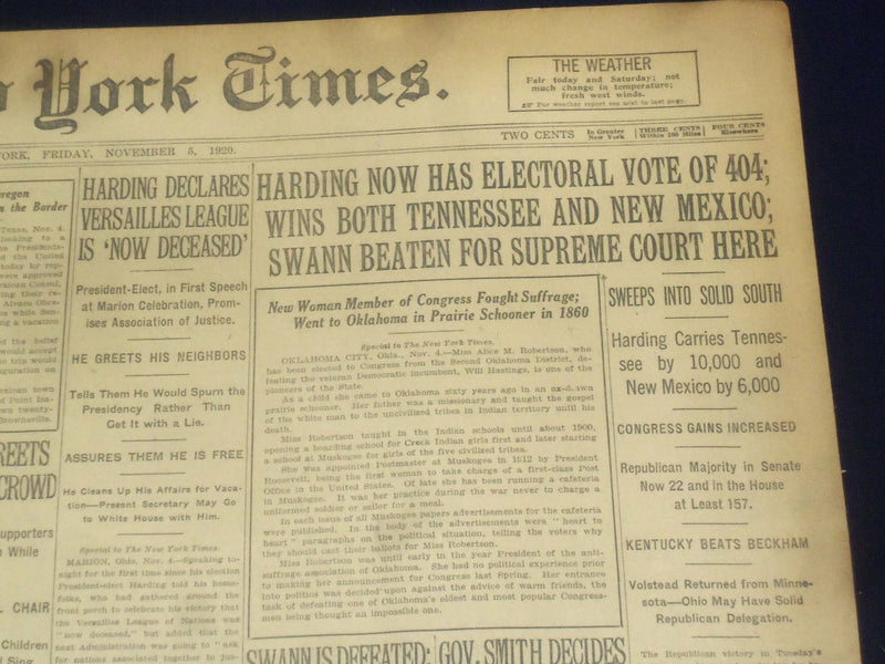 1920 NOVEMBER 5 NEW YORK TIMES - HARDING HAS ELECTORAL VOTE OF 404 - NT 8445