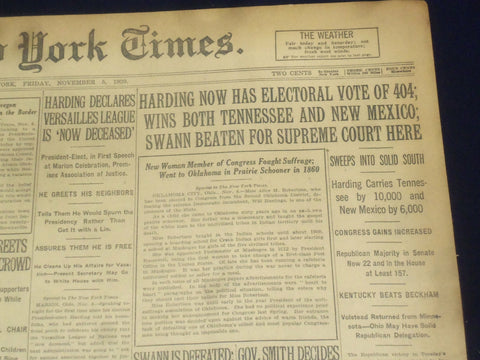 1920 NOVEMBER 5 NEW YORK TIMES - HARDING HAS ELECTORAL VOTE OF 404 - NT 8445
