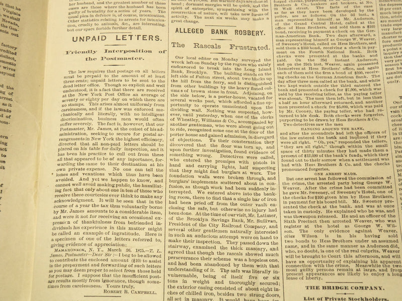 1875 APRIL 1 NEW YORK SPECTATOR NEWSPAPER - EAST RIVER BRIDGE - NP 8962
