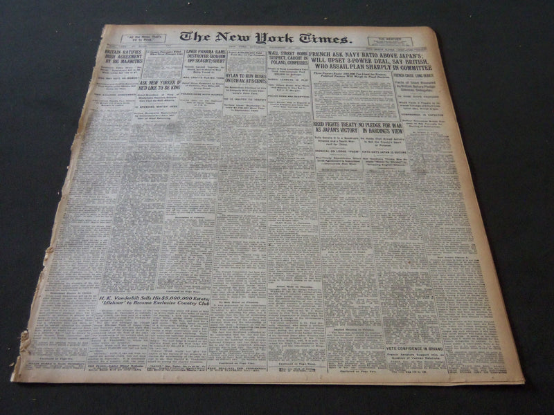 1921 DECEMBER 17 NEW YORK TIMES - FRENCH ASK NAVY RATIO ABOVE JAPAN'S - NT 6134