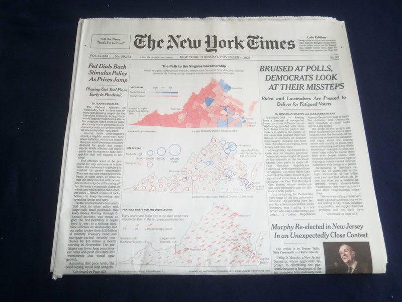 2021 NOVEMBER 4 NEW YORK TIMES-BRUISED AT POLLS, DEMOCRATS LOOK AS THEIR MISTEPS
