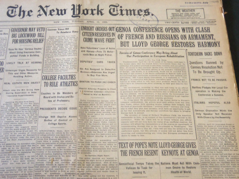 1922 APRIL 11 NEW YORK TIMES - GENOA CONFERENCE OPENS WITH A CLASH - NT 5765