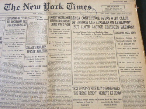 1922 APRIL 11 NEW YORK TIMES - GENOA CONFERENCE OPENS WITH A CLASH - NT 5765