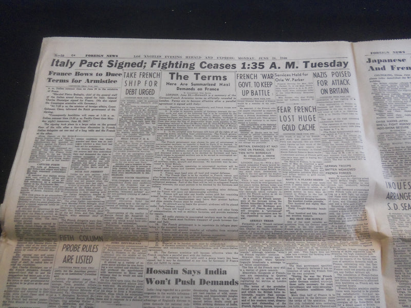 1940 JUNE 24 L. A. EVENING HERALD EXPRESS NEWSPAPER-ARMISTICE COMPLETED- NP 5740