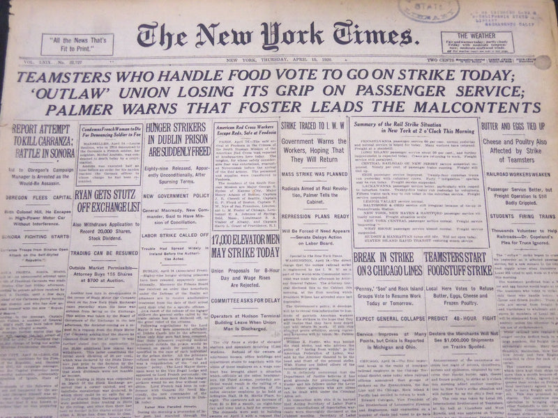 1920 APRIL 15 NEW YORK TIMES - BABE RUTH MUFFS IN FIRST YANKEE GAME - NT 5300