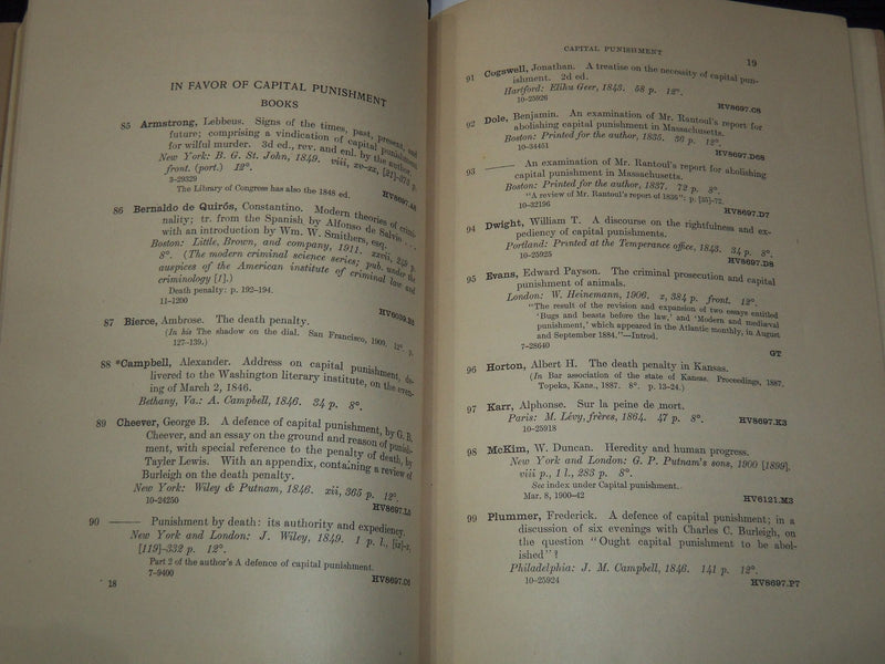 1912 CAPITAL PUNISHMENT SELECT LIST OF REFERENCES BOOK - HERMANN MEYER - K 3104