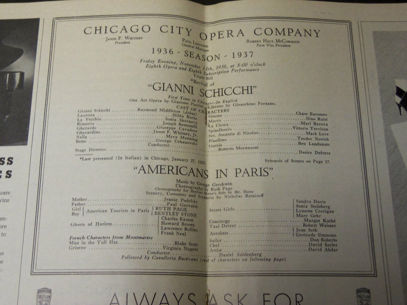 1936 NOVEMBER 13 CHICAGO CITY OPERA COMPANY PROGRAM - GIANNI SCHICCHI - J 3704