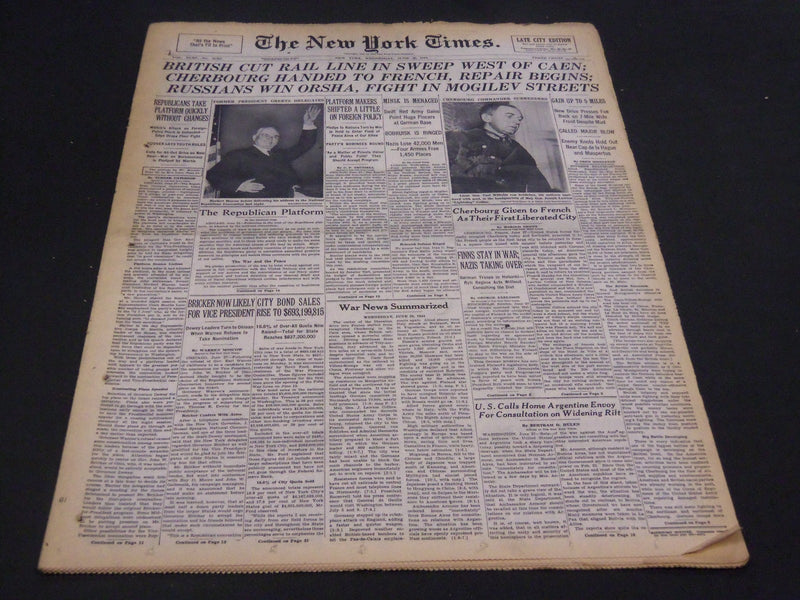 1944 JUNE 28 NEW YORK TIMES - CHERBOURG HANDED TO FRENCH, REPAIRS BEGIN- NT 4327