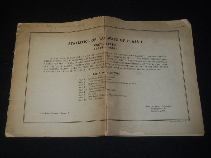1925 STATISTICS OF RAILWAYS OF CLASS BOOK UNITED STATES 1916-1924 - J 5427