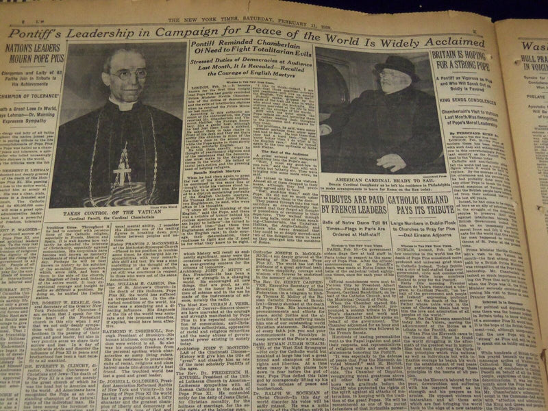 1939 FEBRUARY 11 NEW YORK TIMES - BODY OF POPE LIPS IN STATE - NT 4358