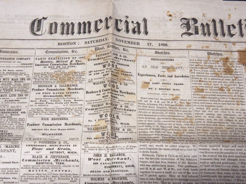1866 NOVEMBER 17 THE COMMERCIAL BULLETIN NEWSPAPER - VOL 8 #409 - BOSTON - K 63