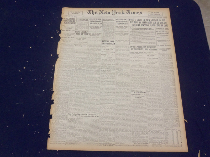 1920 APRIL 29 NEW YORK TIMES - WOOD'S LEAD IN NEW JERSEY IS 612 - NT 8290