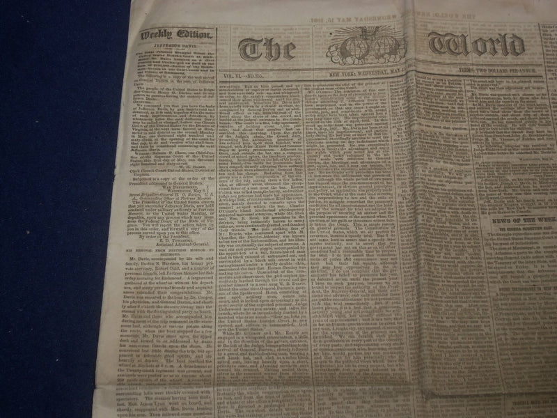 1867 MAY 15 THE WORLD NEWSPAPER - JEFFERSON DAVIS - NP 5078