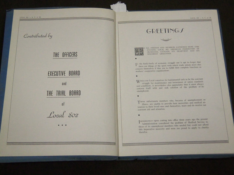 1937 ASSOCIATED MUSICIANS MEDICAL FUND BENEFIT LOCAL 802 PROGRAM - J 2081
