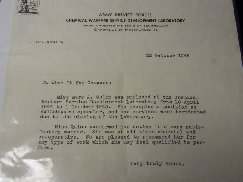 1945 M. I. T. ARMY SERVICE FORCES TYPED LETTER SIGNED BY HOWARD HUNTER - J 5468
