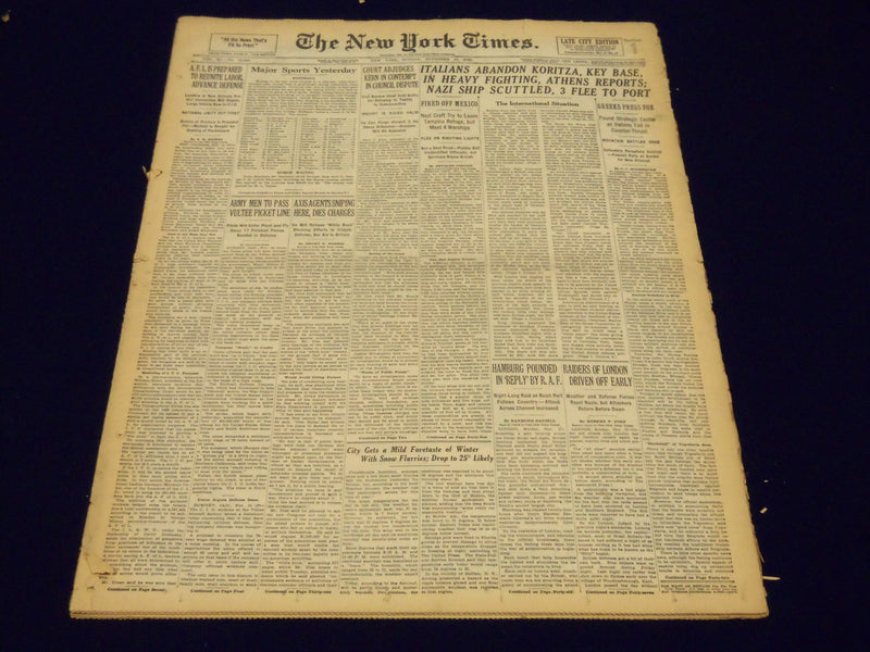 1940 NOV 17 NEW YORK TIMES NEWSPAPER - ITALIANS ABANDON KORITZA KEY BASE - NT 24
