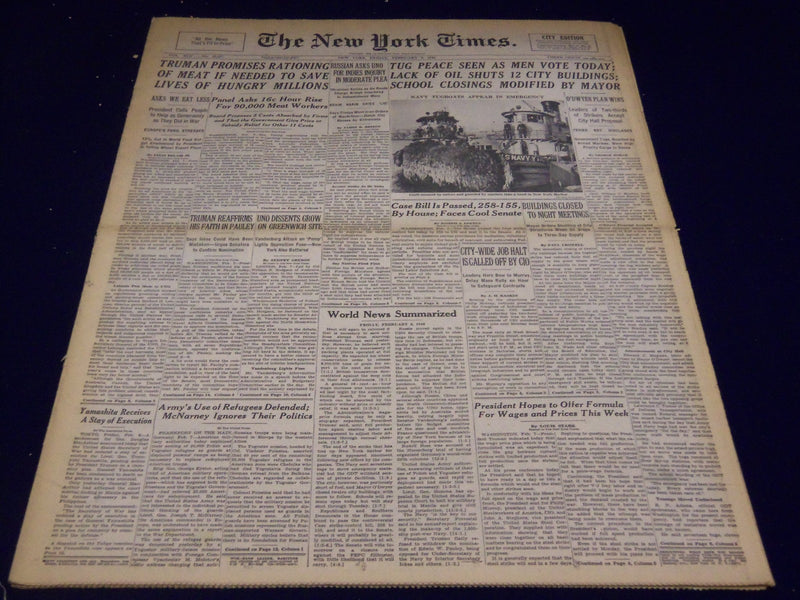 1946 FEBRUARY 8 NEW YORK TIMES - TUG PEACE SEEN, MEN VOTE TODAY - NT 2633