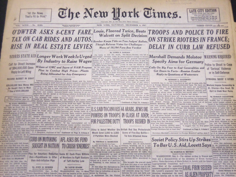 1947 DECEMBER 6 NEW YORK TIMES - LOUIS FLOORED TWICE BEAT'S WALCOTT - NT 5136