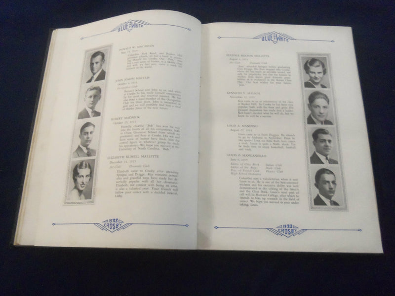 1933 BLUE & WHITE CROSBY HIGH SCHOOL YEARBOOK - WATERBURY, CONNECTICUT - YB 2675