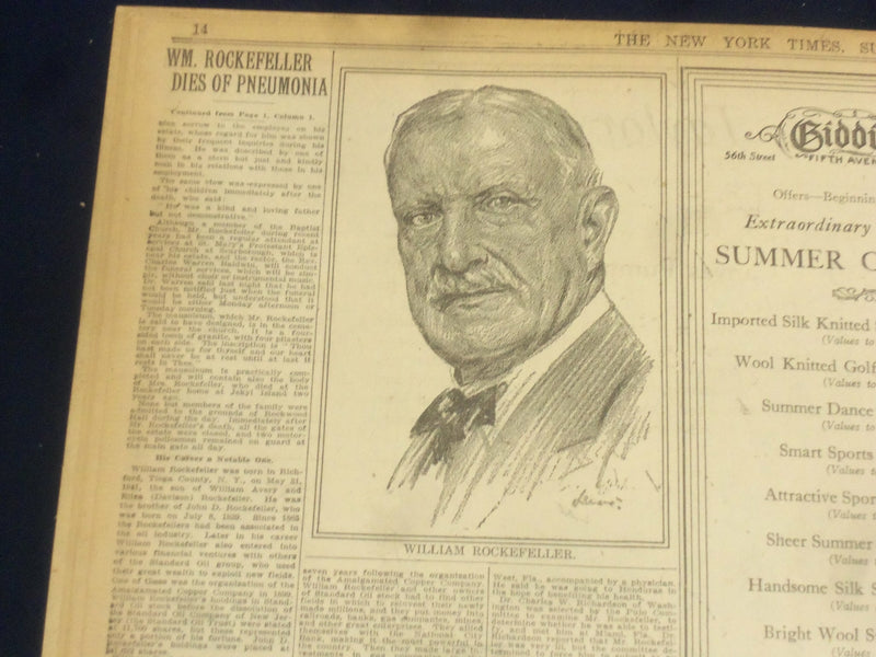 1922 JUNE 25 NEW YORK TIMES - WM. ROCKEFELLER DIES - RATHENAU SLAIN - NT 8408