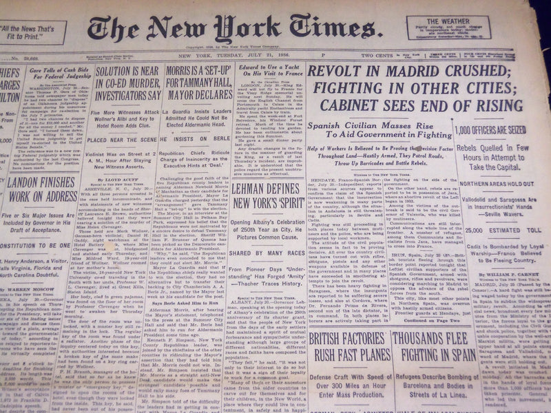 1936 JULY 21 NEW YORK TIMES - REVOLT IN MADRID CRUSHED - NT 2066
