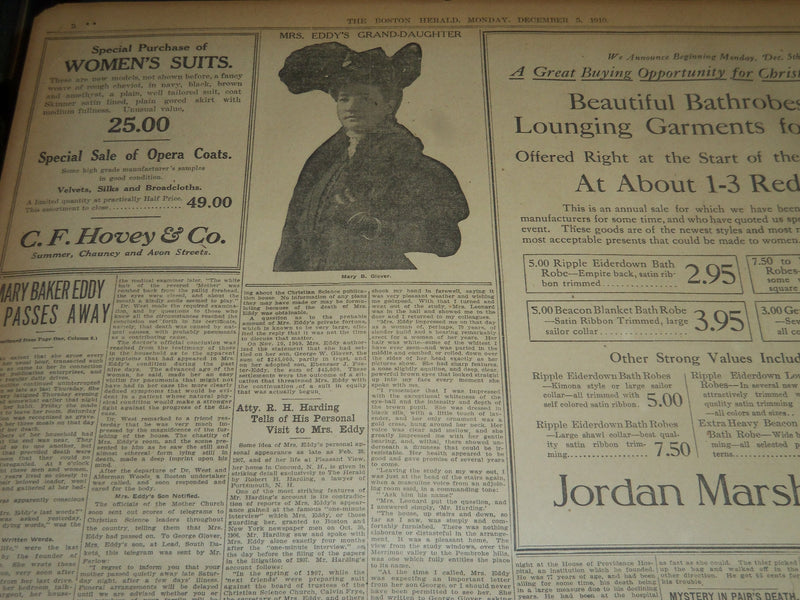 1910 DECEMBER 5 THE BOSTON HERALD - MARY BAKER EDDY PASSES AWAY - BH 280