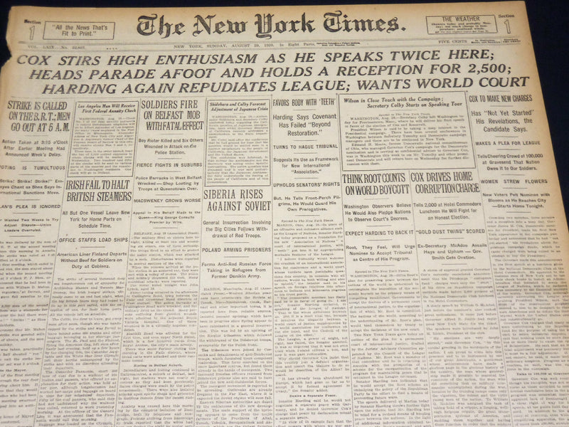 1920 AUGUST 29 NEW YORK TIMES - COX STIRS ENTHUSIASM SPEAKS TWICE - NT 8564