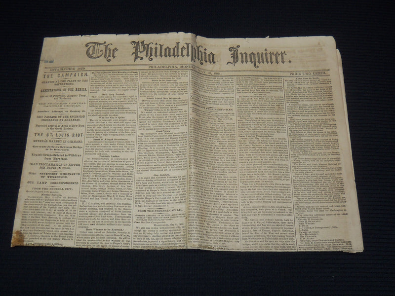 1861 MAY 13 PHILADELPHIA INQUIRER NEWSPAPER - ST. LOUIS RIOT - NP 8997