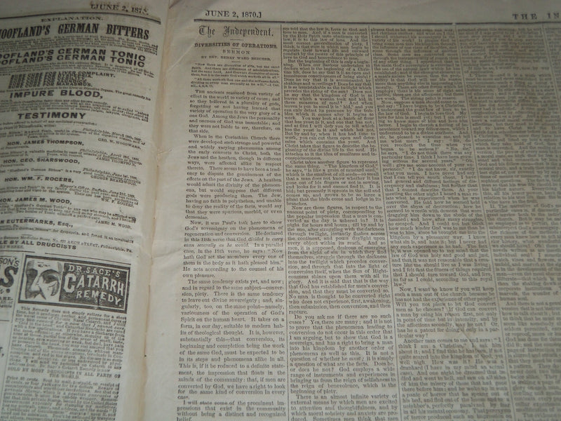 1870 JUNE 2 THE INDEPENDENT NEWSPAPER - CENTRAL PARK ILLUSTRATION - NT 7625