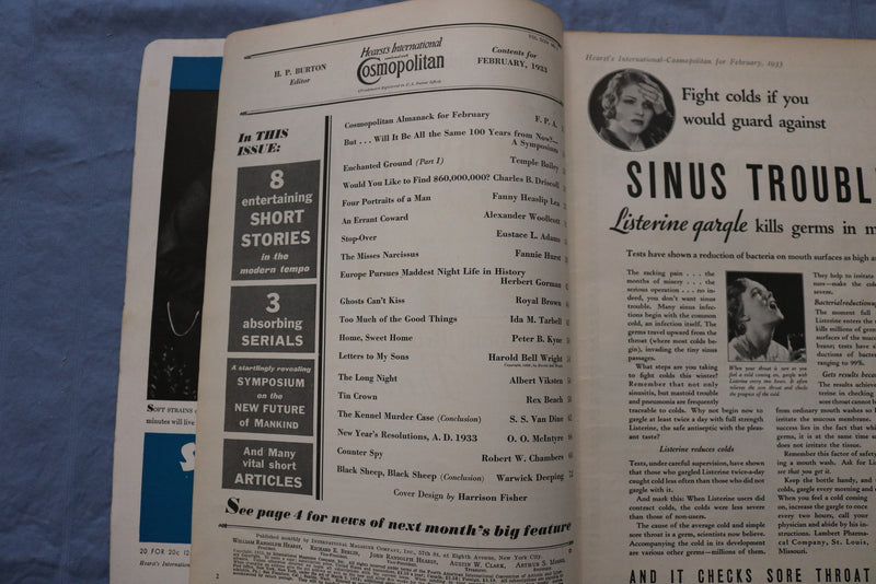 1933 FEBRUARY COSMOPOLITAN MAGAZINE -HARRISON FISHER COVER- GREAT ADS - ST 1001V