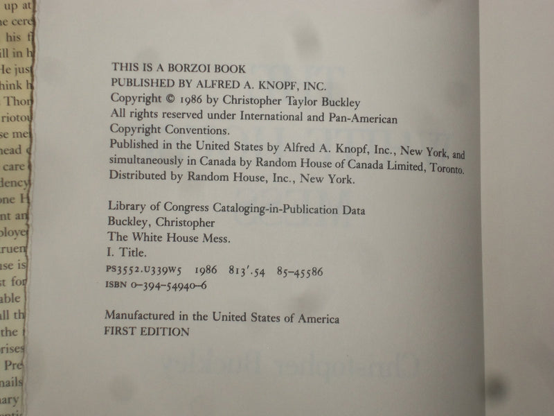 1986 THE WHITE HOUSE MESS HARDCOVER BOOK BY CHRISTOPHER BUCKLEY -1ST ED- KD 9296