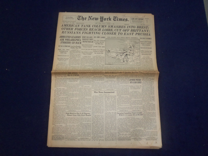 1944 AUG 6 NEW YORK TIMES - AMERICAN TANK COLUMN SMASHES INTO BREST - NP 6601
