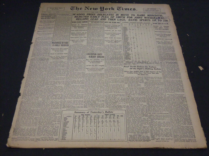 1924 JULY 9 NEW YORK TIMES - M'ADOO FREES DELEGATES MOVE FOR MEREDITH - NT 5076