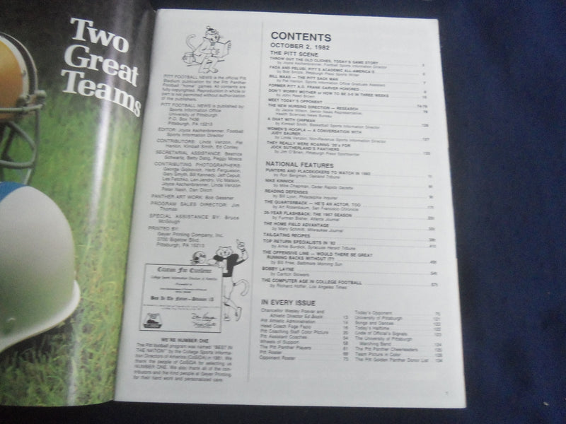 1982 OCT 2 FOOTBALL PROGRAM - UNIV OF PITTSBURGH VS WEST VIRGINIA UNIV- SP 4686P