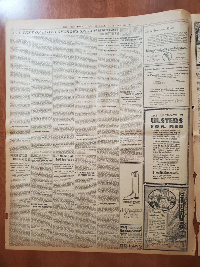 1917 NOVEMBER 20 NEW YORK TIMES - LLOYD GEORGE DEFENDS WAR COUNCIL PLAN- NT 8082