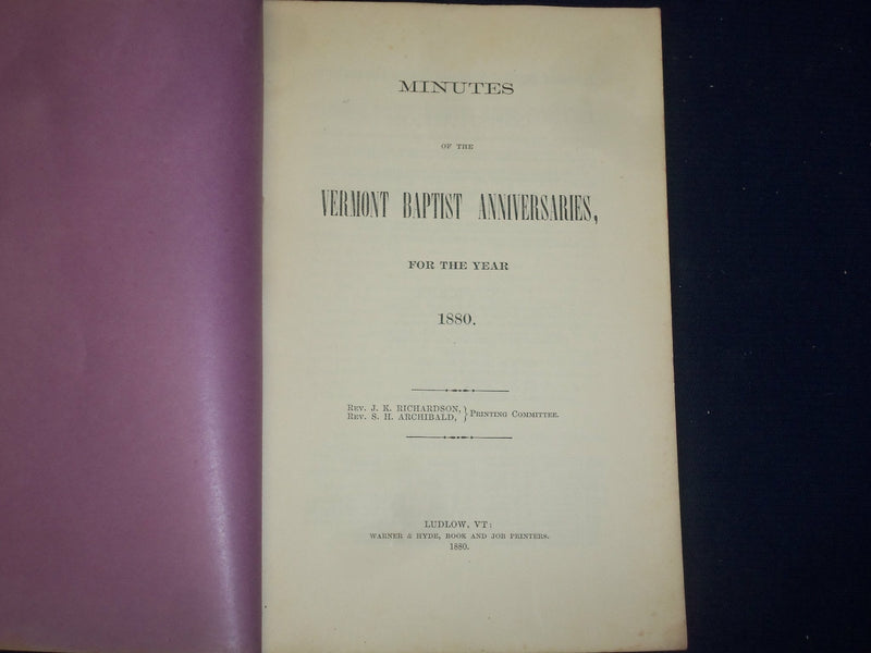 1880 VERMONT BAPTIST ANNIVERSARIES MINUTES - J 4475