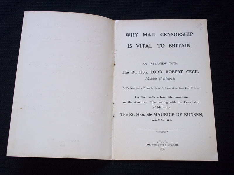 1916 WHY MAIL CENSORSHIP IS VITAL TO BRITAIN SOFTCOVER BOOK BY CECIL - J 7161