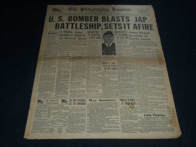 1941 DEC 11 PHILADELPHIA INQUIRER - U. S. BOMBER BLASTS JAP BATTLESHIP - NT 7507