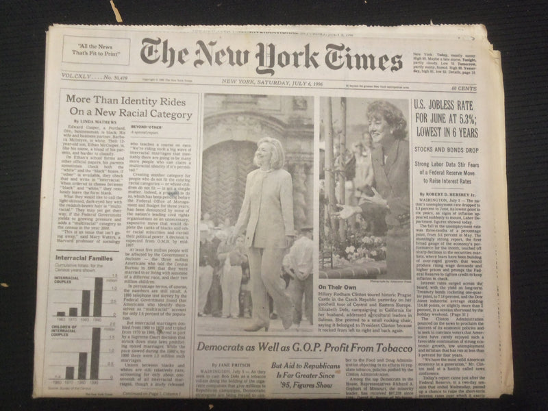 1996 JULY 6 NEW YORK TIMES NEWSPAPER - JOBLESS RATE LOWEST IN 6 YEARS - NP 7034