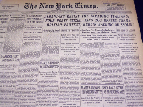 1939 APRIL 8 NEW YORK TIMES - ALBANIANS RESIST ITALIANS - NT 3074