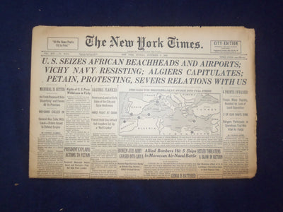 1942 NOV 9 NEW YORK TIMES - U.S. SEIZES AFRICAN BEACHHEADS AND AIRPORTS- NP 6514