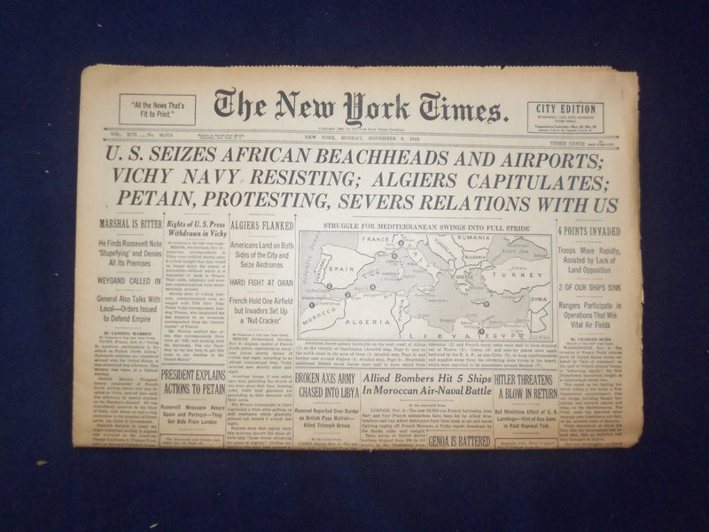 1942 NOV 9 NEW YORK TIMES - U.S. SEIZES AFRICAN BEACHHEADS AND AIRPORTS- NP 6514