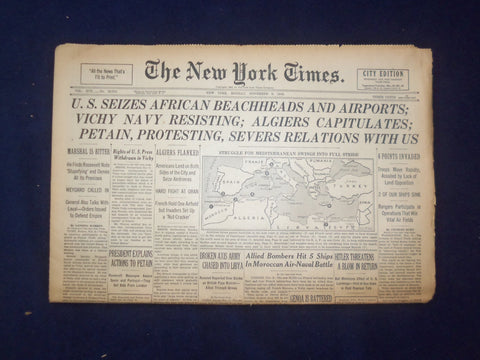 1942 NOV 9 NEW YORK TIMES - U.S. SEIZES AFRICAN BEACHHEADS AND AIRPORTS- NP 6514