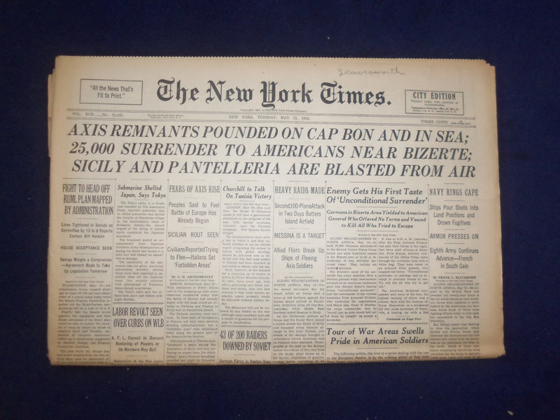 1943 MAY 11 NEW YORK TIMES -AXIS REMNANTS POUNDED ON CAP BON AND IN SEA- NP 6536