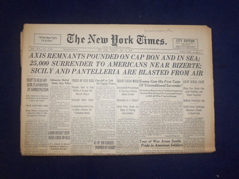 1943 MAY 11 NEW YORK TIMES -AXIS REMNANTS POUNDED ON CAP BON AND IN SEA- NP 6536