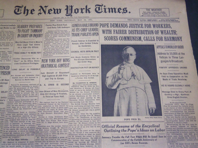 1931 MAY 16 NEW YORK TIMES - POPE DEMANDS JUSTICE FOR WORKERS - NT 5006