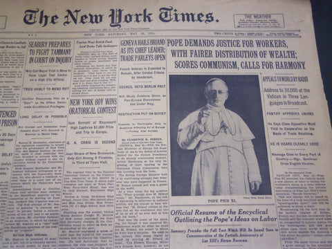 1931 MAY 16 NEW YORK TIMES - POPE DEMANDS JUSTICE FOR WORKERS - NT 5006